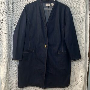 Chicos Collarless Duster Indigo Jean Jacket.  360 degree stretch.